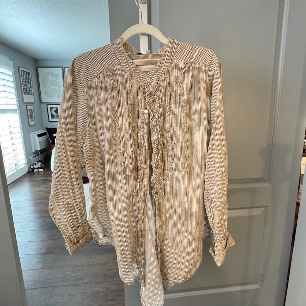 Free People Tan & Blue Striped With Ruffle Blouse Sz S